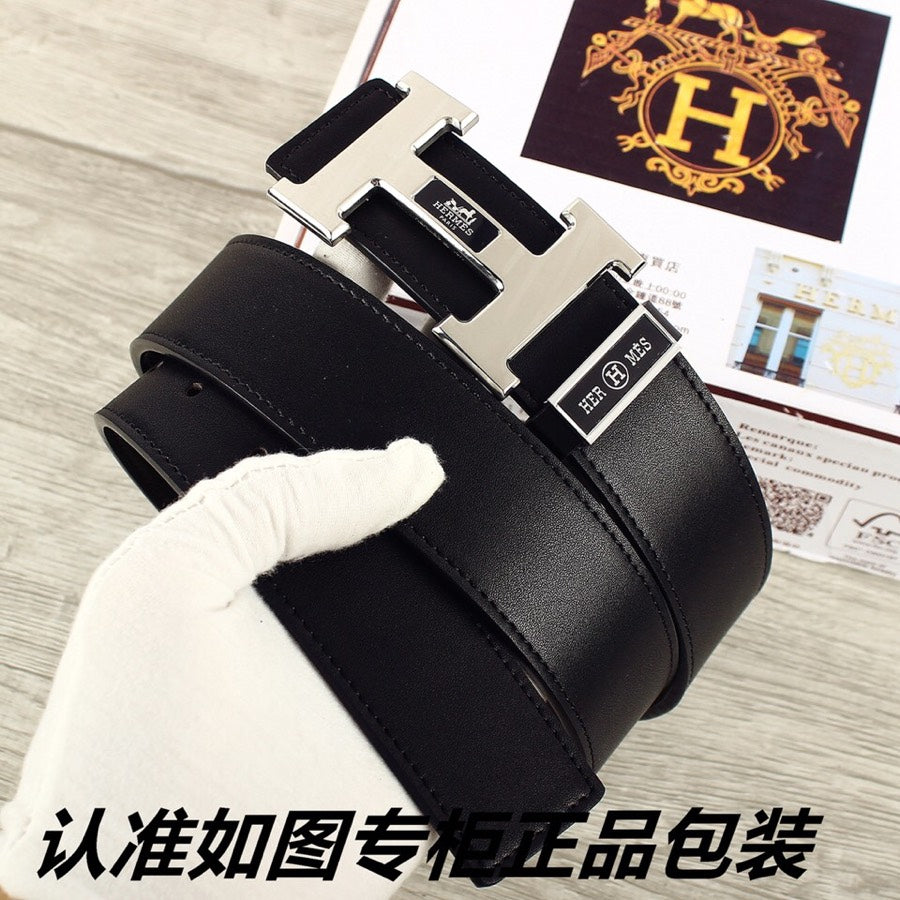 HM Double-sided Belt 38mm Black Cowhide Sliver Buckle 620362