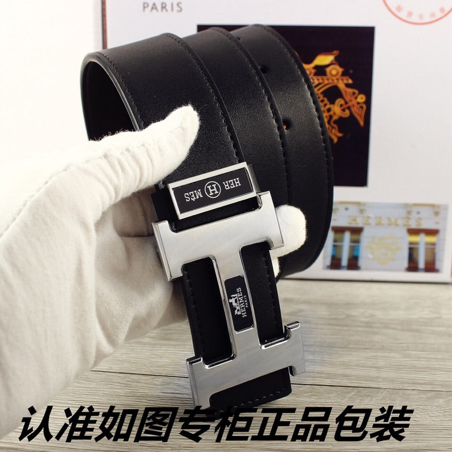 HM Double-sided Belt 38mm Black Cowhide Sliver Buckle 620362