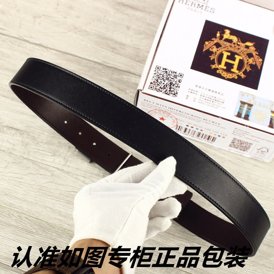 HM Double-sided Belt 38mm Black Cowhide Sliver Buckle 620362