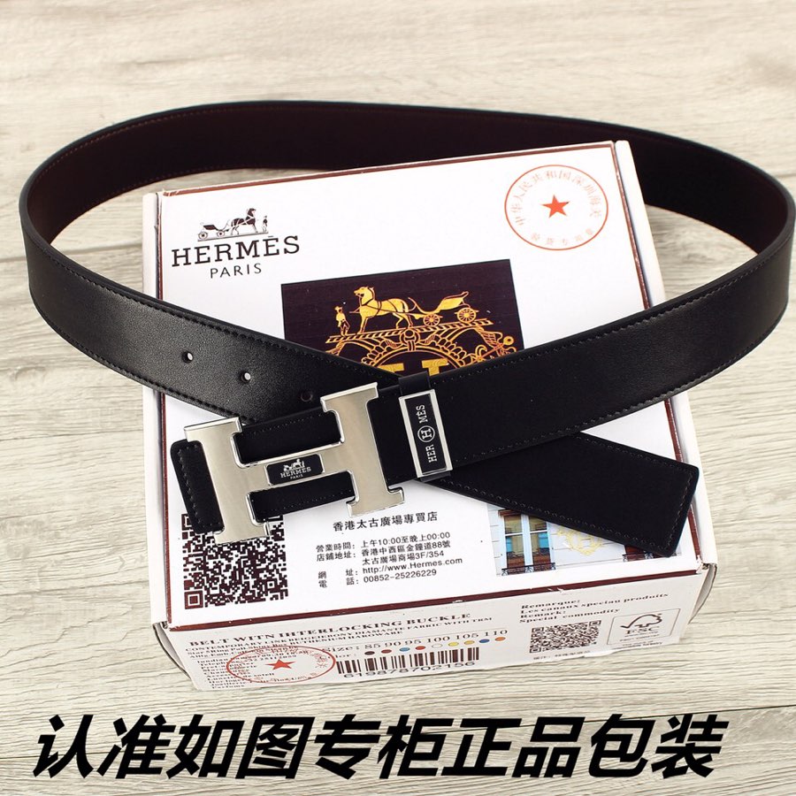 HM Double-sided Belt 38mm Black Cowhide Sliver Buckle 620362