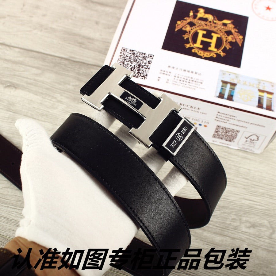 HM Double-sided Belt 38mm Black Cowhide Sliver Buckle 620362