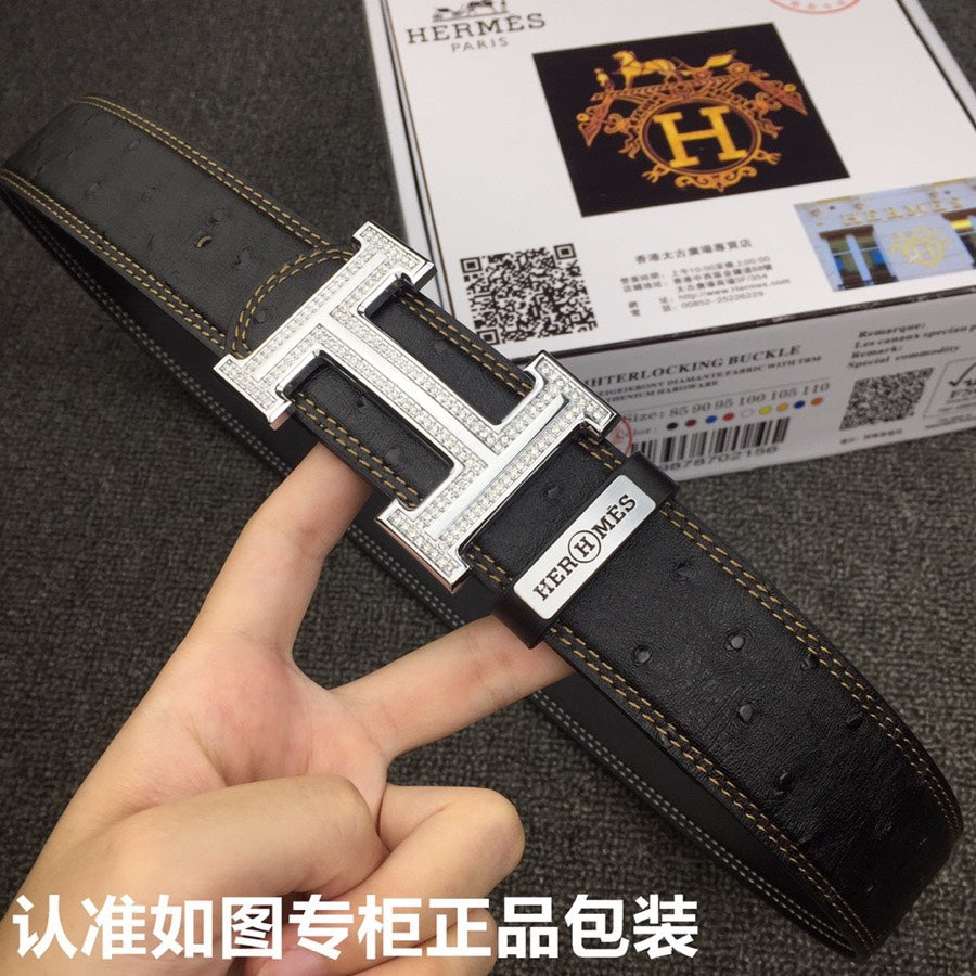 HM Belt 38mm Black Cowhide Leather Sliver Diamond Buckle 619512