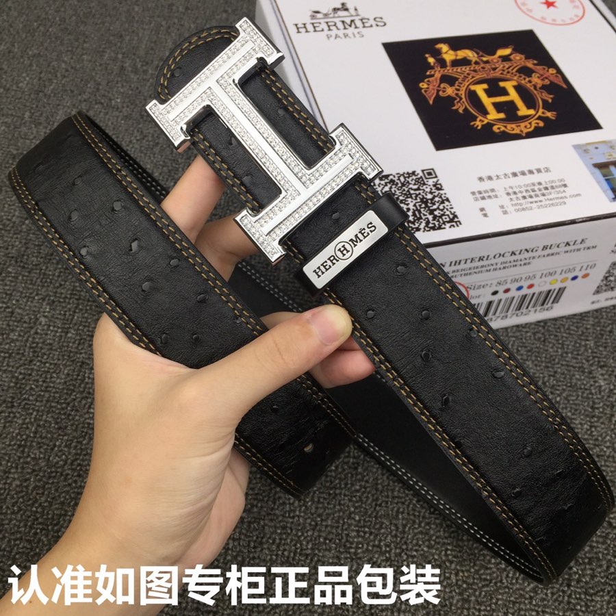 HM Belt 38mm Black Cowhide Leather Sliver Diamond Buckle 619512