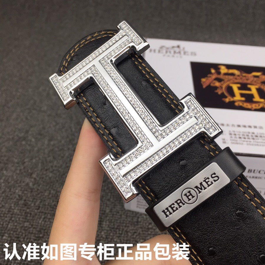 HM Belt 38mm Black Cowhide Leather Sliver Diamond Buckle 619512