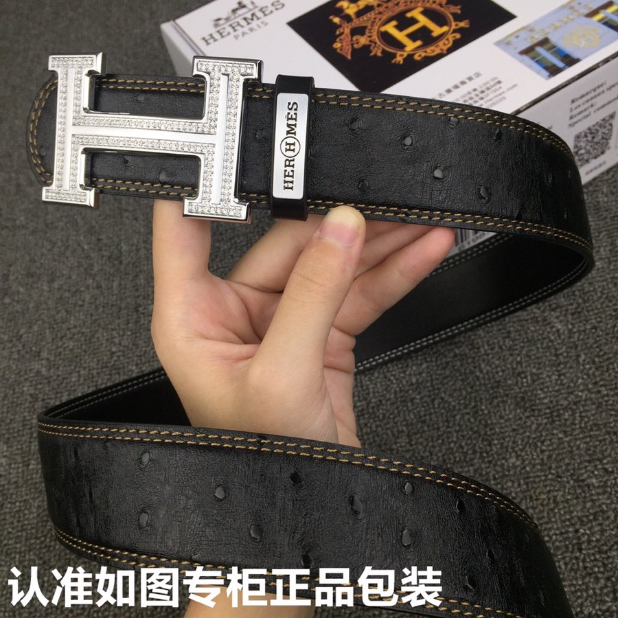 HM Belt 38mm Black Cowhide Leather Sliver Diamond Buckle 619512