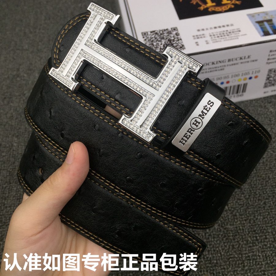 HM Belt 38mm Black Cowhide Leather Sliver Diamond Buckle 619512