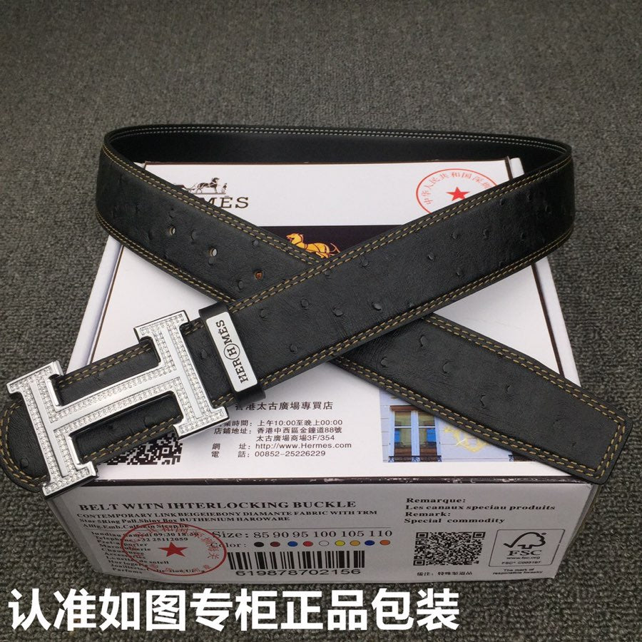 HM Belt 38mm Black Cowhide Leather Sliver Diamond Buckle 619512