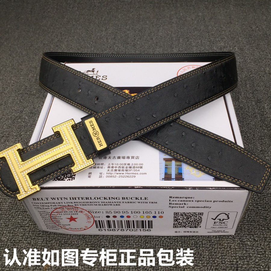 HM Belt 38mm Black Cowhide Leather Gold Diamond Buckle 619513