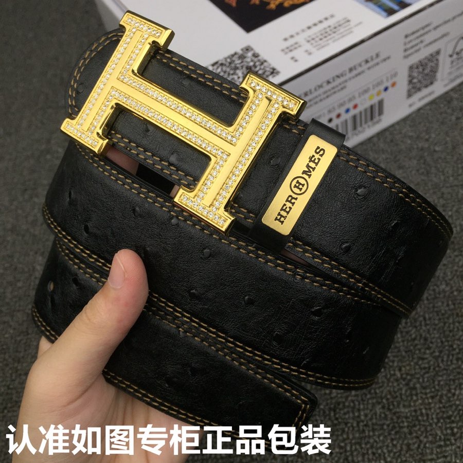 HM Belt 38mm Black Cowhide Leather Gold Diamond Buckle 619513