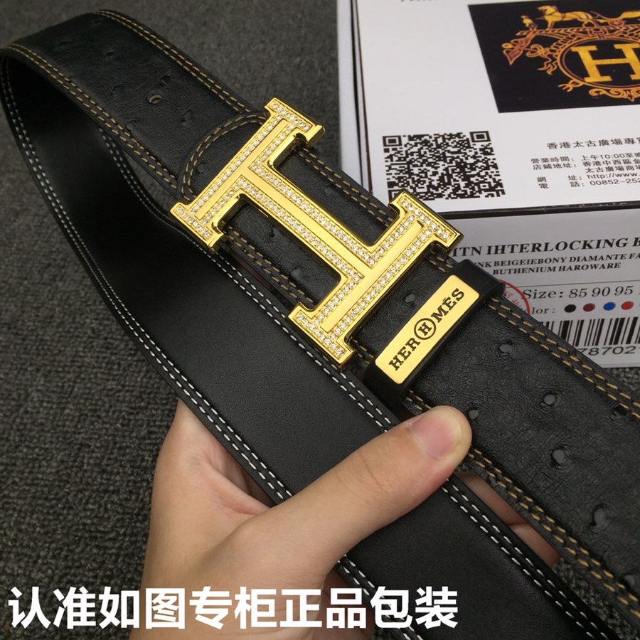 HM Belt 38mm Black Cowhide Leather Gold Diamond Buckle 619513
