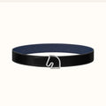 BOUCLE BELT BUCKLE & REVERSIBLE NAVY BLUE AND BLACK AND WHITE LEATHER STRAP 38MM SILVER HARDWARE
