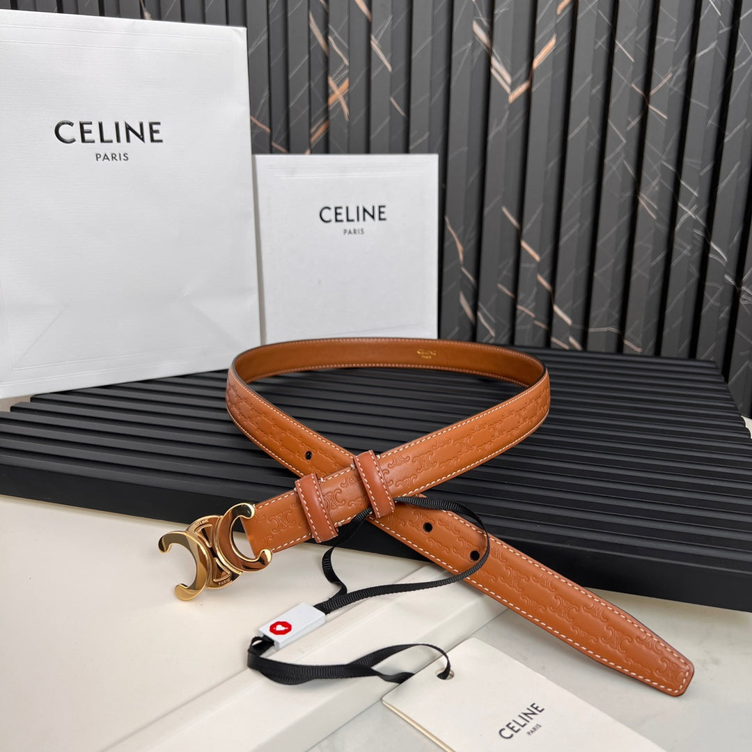 CEL 25mm Triomphe Belt in Taurillon Brown Embossed Leather 176290