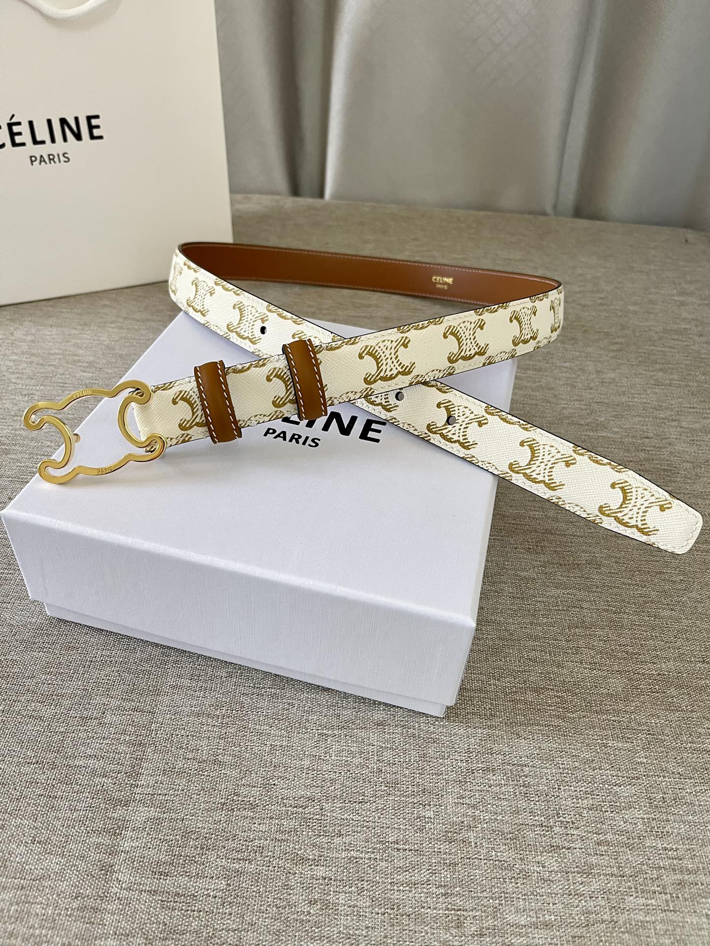 CL logo Cut-out Belt 25mm White Tan Triomphe Canvas Ghw