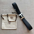 HM BELT BUCKLE & REVERSIBLE BLACK LEATHER STRAP 38MM SILVER HARDWARE