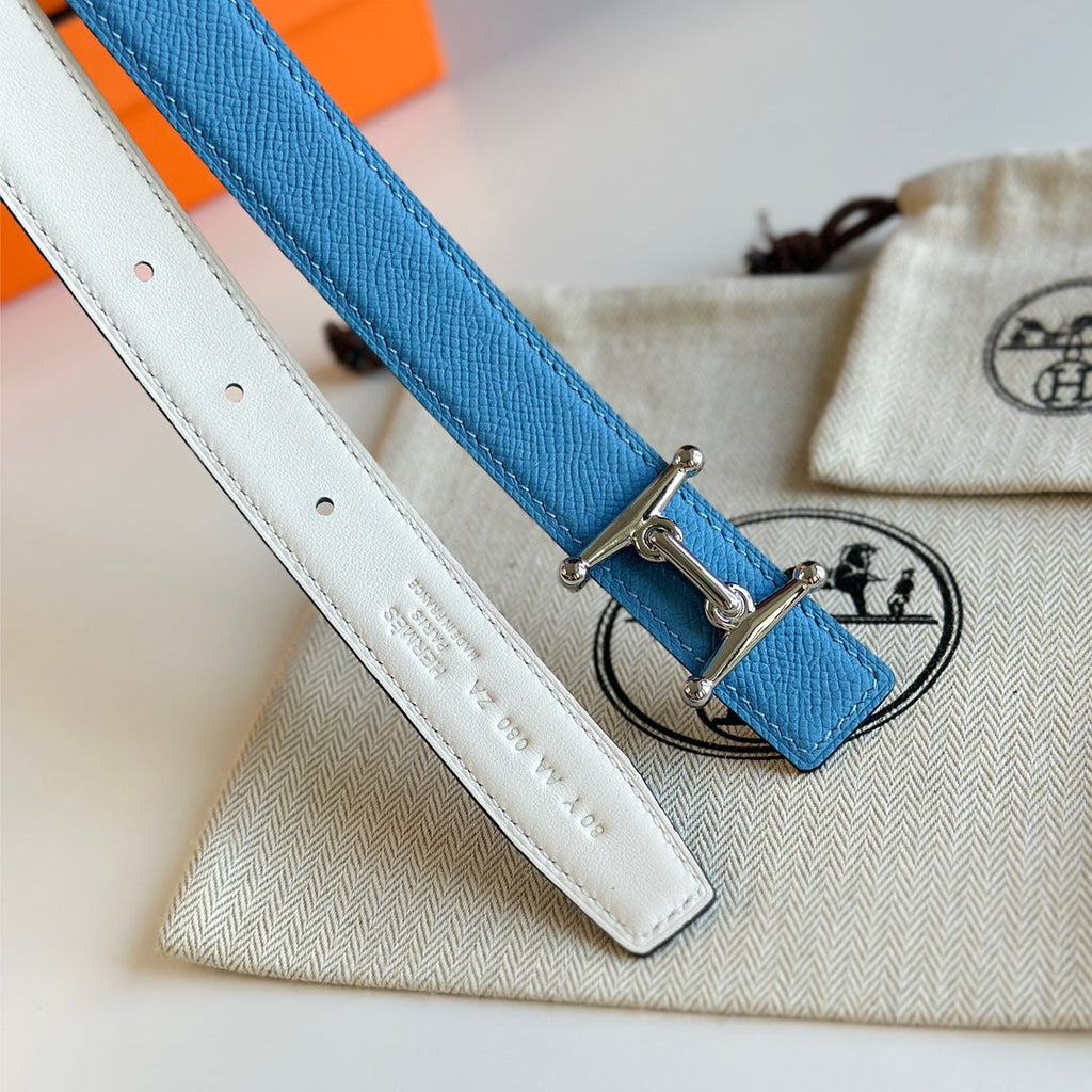 HM Silver Mors H buckle & Reversible 24 mm belt Blue White leather 125360