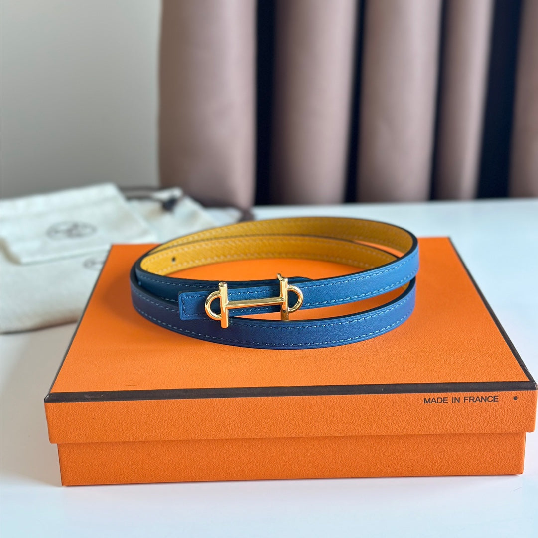 HM GAMMA BUCKLE & REVERSIBLE GOLDEN AND BLUE LEATHER STRAP 13MM GOLD HARDWARE
