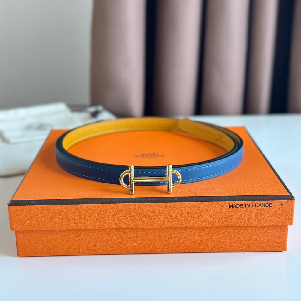 HM GAMMA BUCKLE & REVERSIBLE GOLDEN AND BLUE LEATHER STRAP 13MM GOLD HARDWARE
