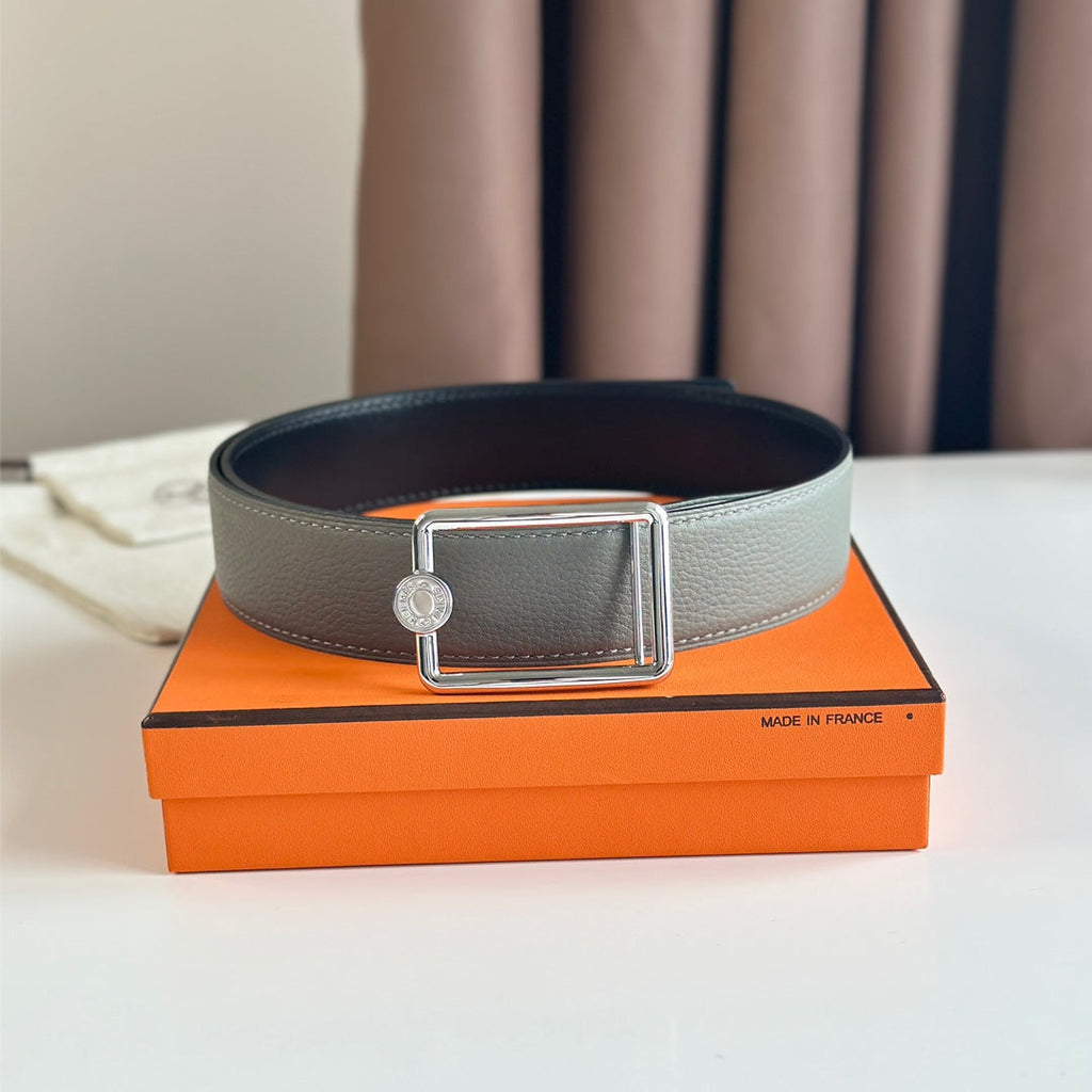 HM OSCAR BELT BUCKLE & REVERSIBLE BLACK AND ASH GREY LEATHER STRAP 38MM SILVER HARDWARE