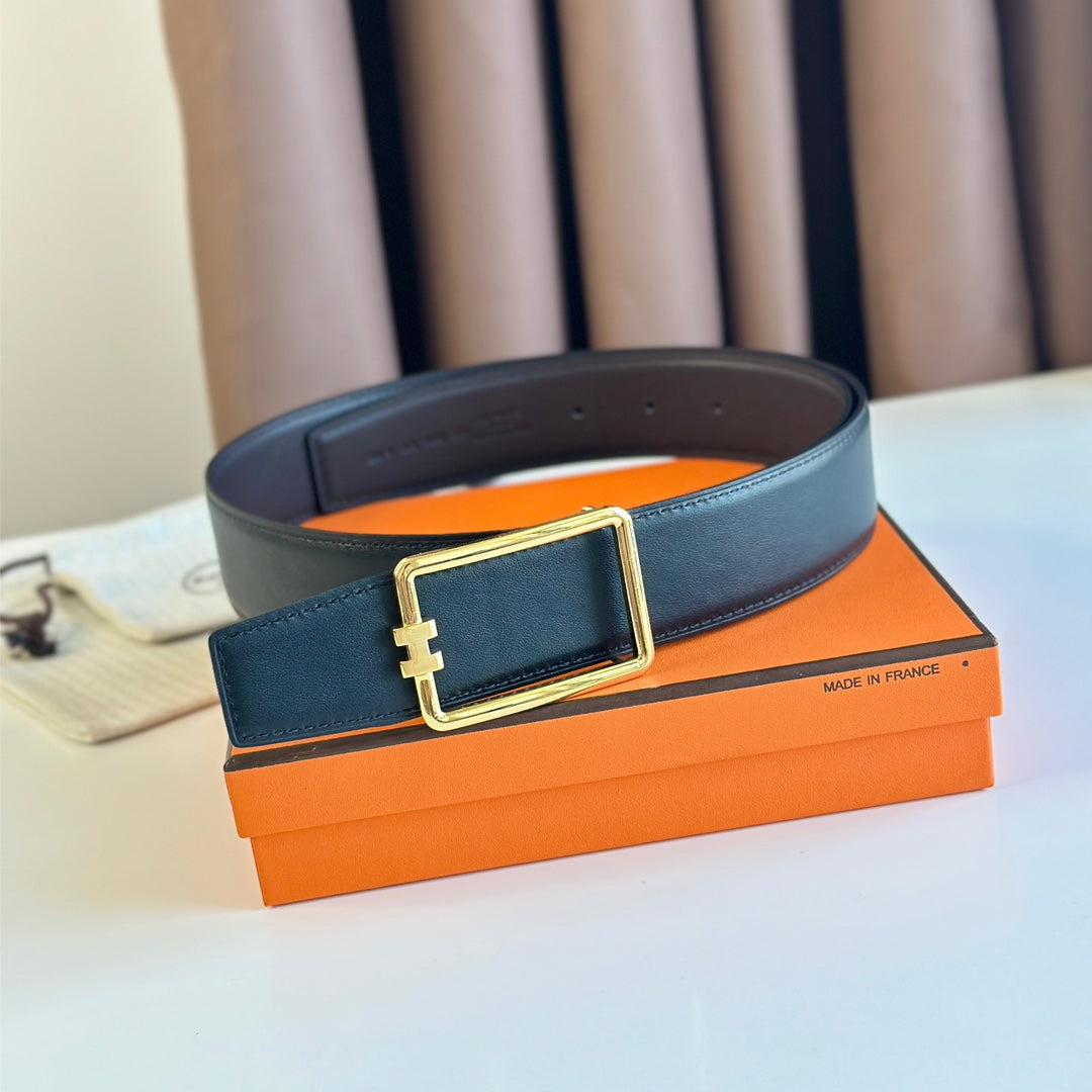 TUBE H BELT BUCKLE & REVERSIBLE BLACK LEATHER STRAP 38MM GOLD HARDWARE