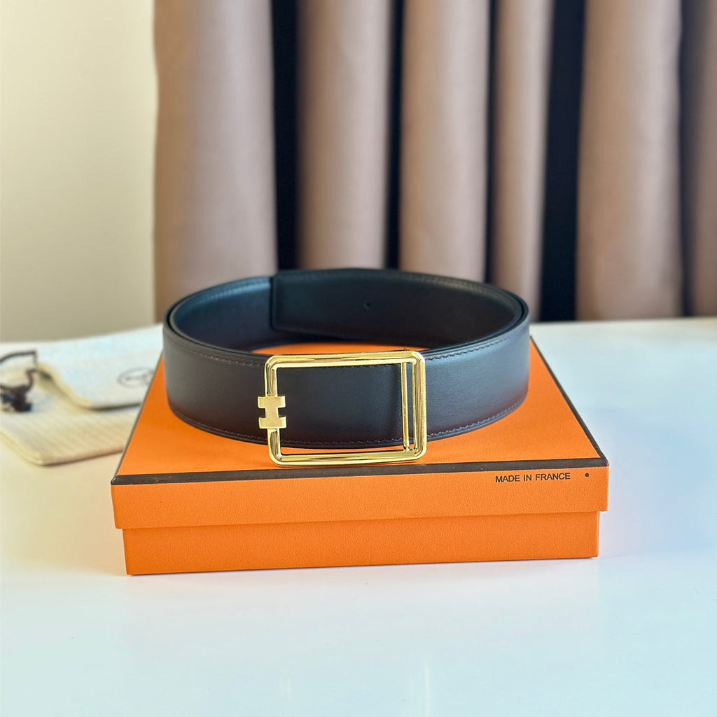 TUBE H BELT BUCKLE & REVERSIBLE BLACK LEATHER STRAP 38MM GOLD HARDWARE