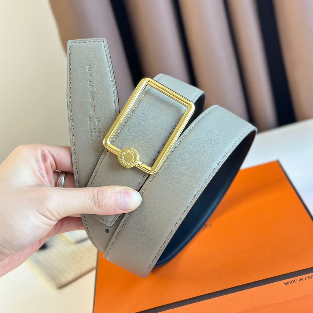 TUBE H BELT BUCKLE & REVERSIBLE KHAKI BROWN AND BLACK LEATHER STRAP 38MM GOLD HARDWARE