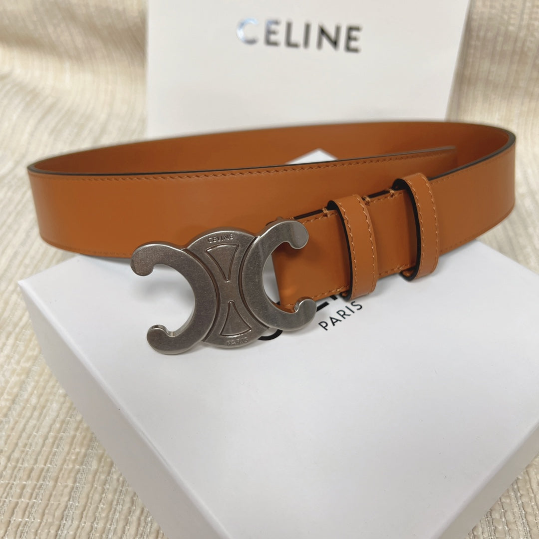 Medium Triomphe Belt 25mm Tan Calfskin Silver Finishing