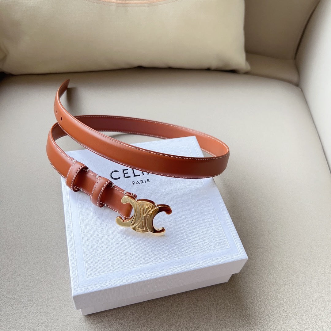 Medium Triomphe Belt 25mm Tan Calfskin White Line Finishing Ghw