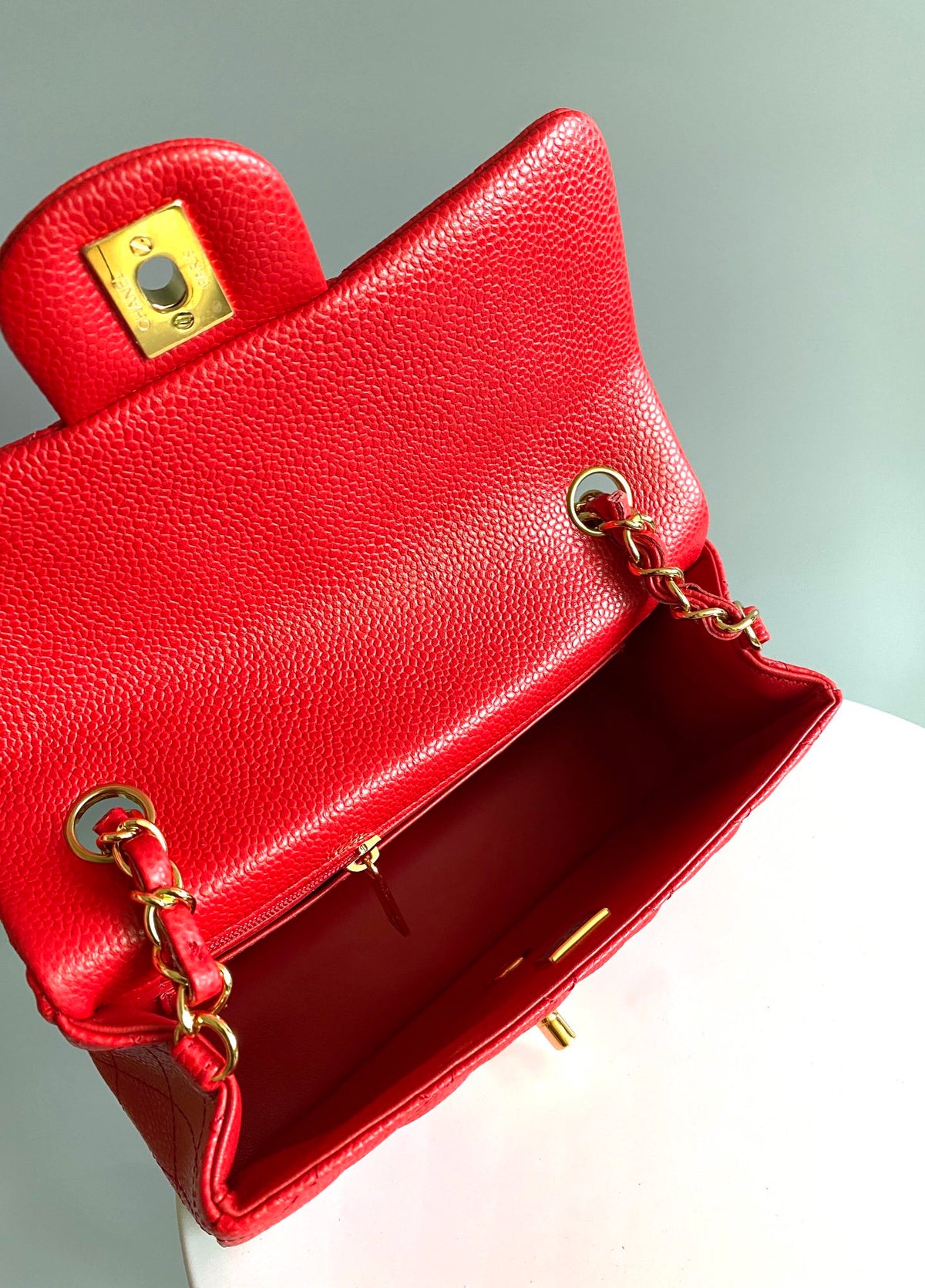 CHANEL MINI RECTANGLE FLAP BAG 20CM RED CAVIAR GOLD HARDWARE