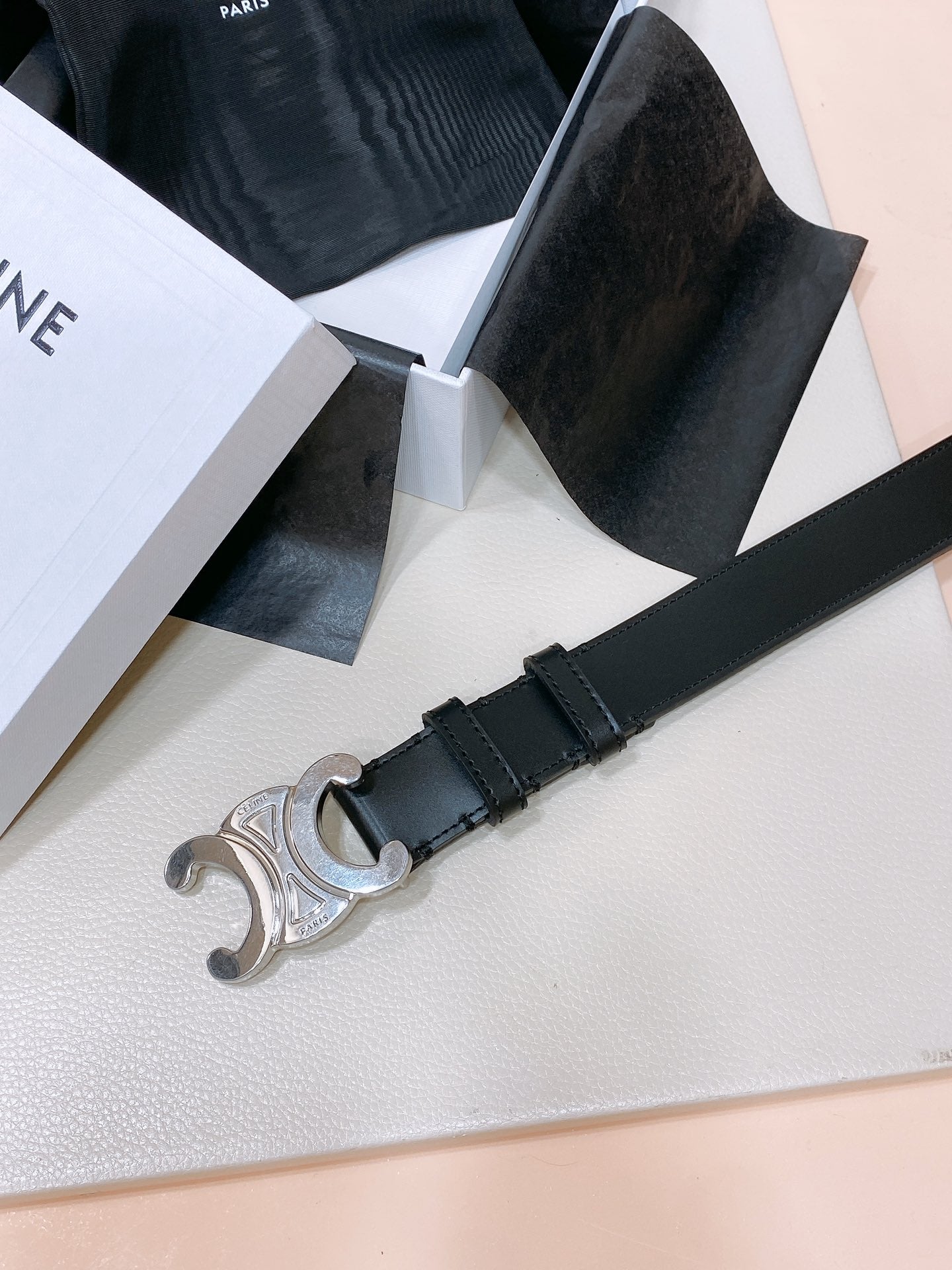 CEL Silver Buckle Belt 30mm Black Calfskin 176404