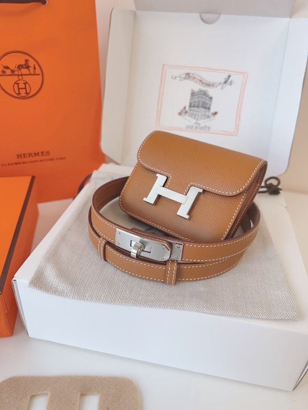 hm kelly belt 18mm with constance slim brown epsom silver hardware
