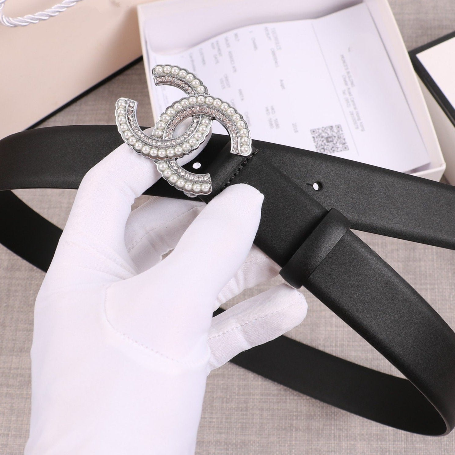 CC WOMEN'S BELT 3.0CM BUCKLE BLACK PEARL LEATHER