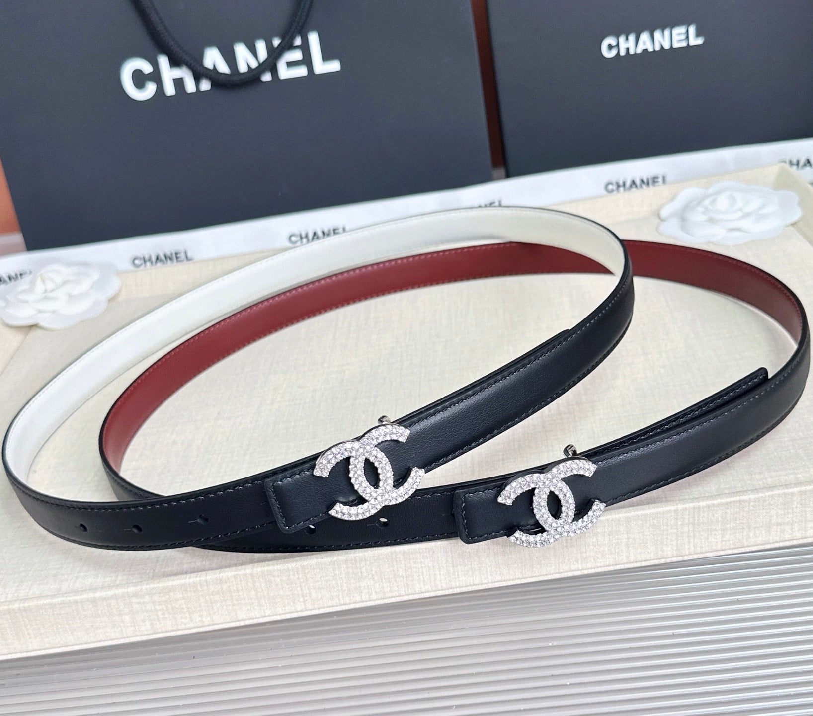 CC Crystal Buckle Reversible Belt Cowhide SHW 210435