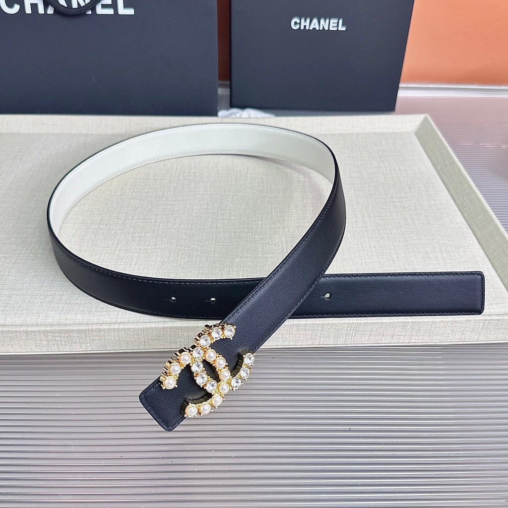 CC Crystal Buckle Reversible Belt Black White Cowhide 211208
