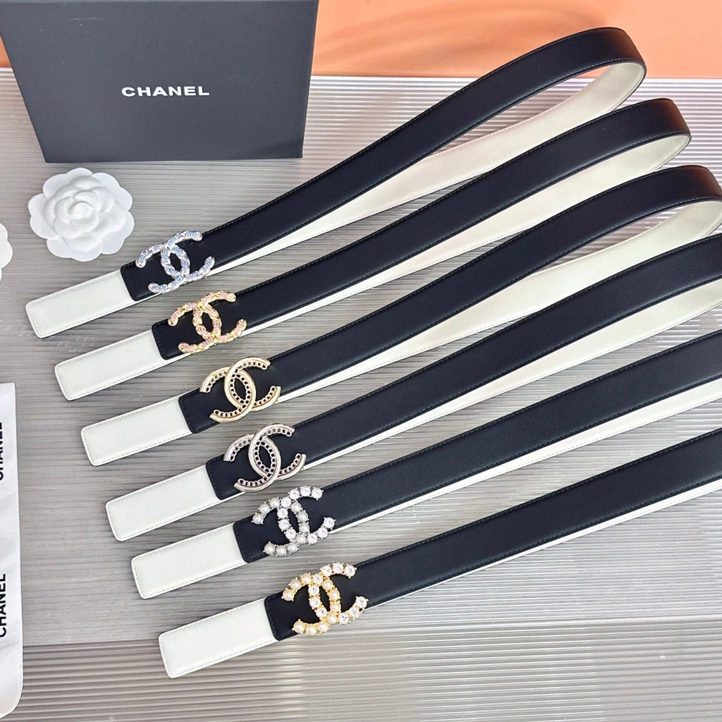 CC Crystal Buckle Reversible Belt Black White Cowhide 211208