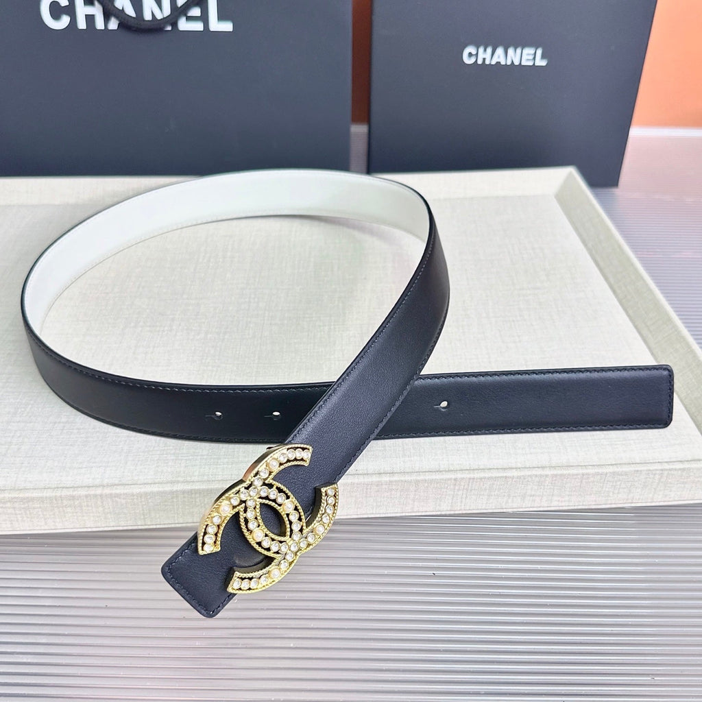 CC Buckle Reversible Belt Black White Cowhide 211328