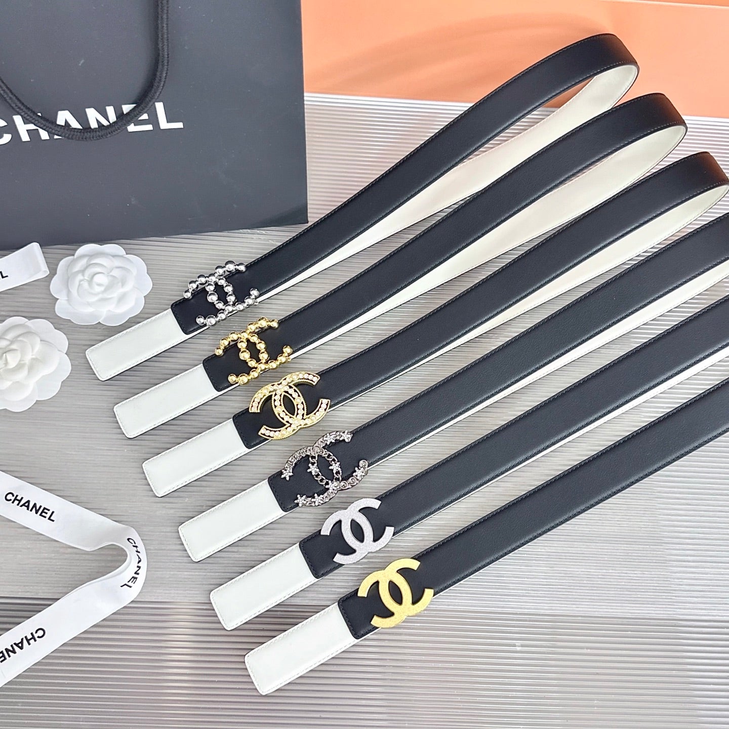 CC Buckle Reversible Belt Black White Cowhide 211328