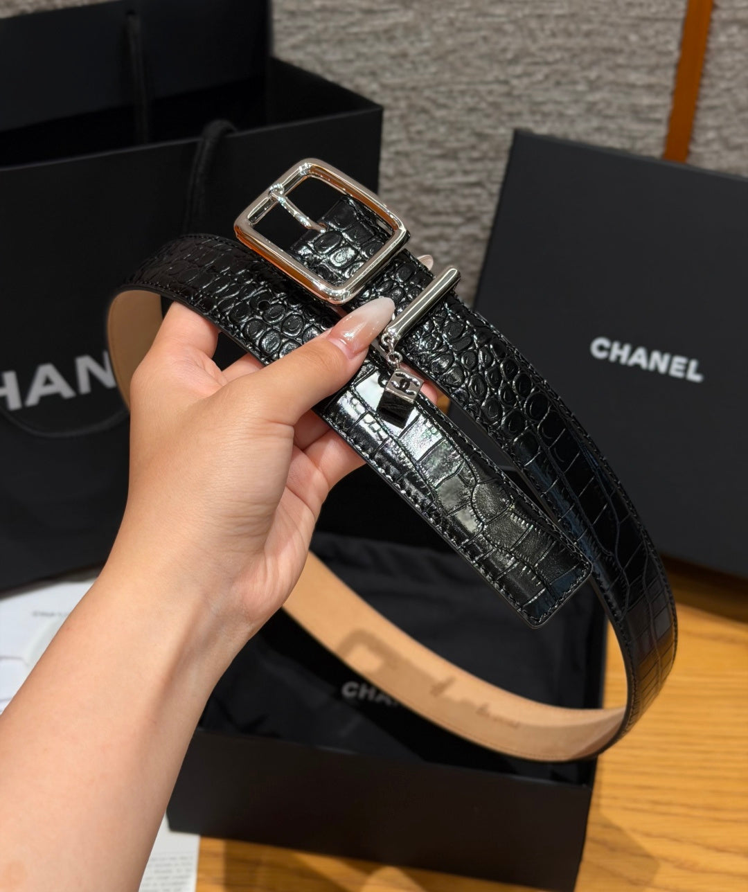 CC 3.0cm 2026 Métiers d'art Belt Black Crocodile Embossed Calfskin 209289