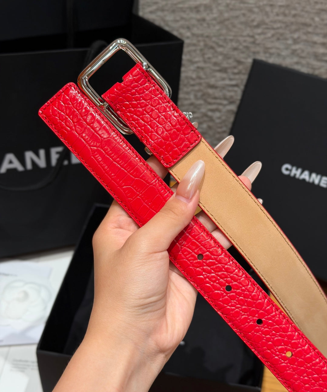 CC 3.0cm 2026 Métiers d'art Belt Red Crocodile Embossed Calfskin 209288