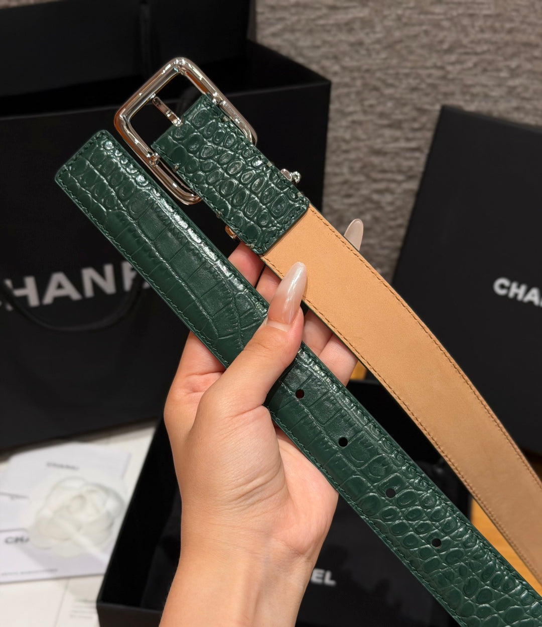 CC 3.0cm 2026 Métiers d'art Belt Green Crocodile Embossed Calfskin 209287