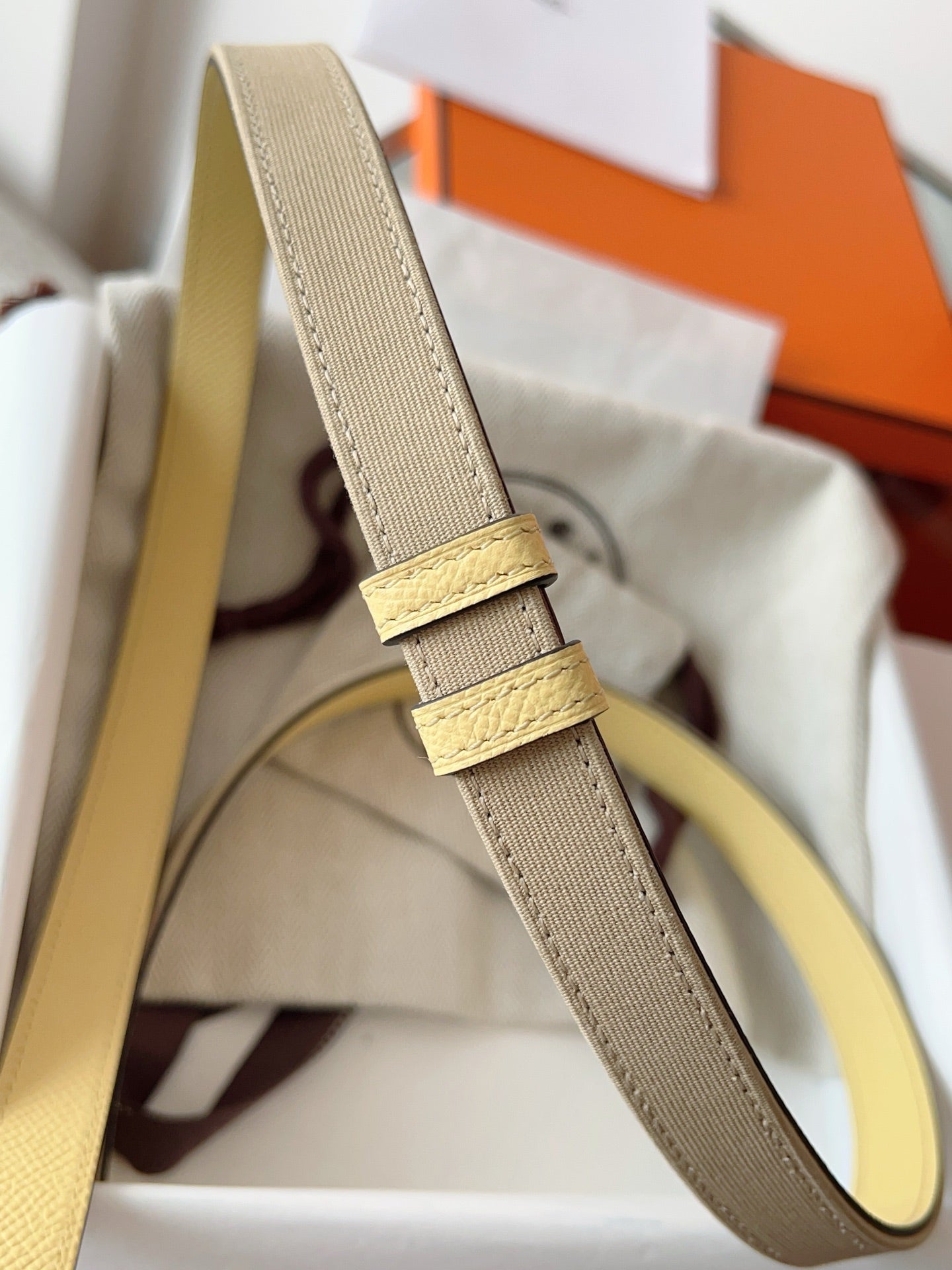 HM Kelly Belt 18mm Beige Canvas Epsom Leather Pink Gold Buckle