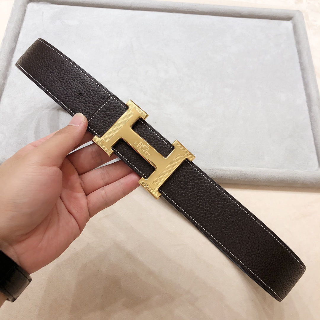HM H D'ANCRE BELT BUCKLE & REVERSIBLE BLACK AND CHOCOLATE BROWN LEATHER STRAP 38 MM GOLD HARDWARE
