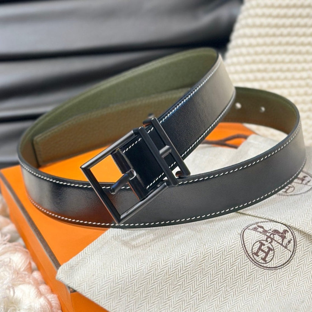 HM NATHAN REVERSIBLE BELT  32MM OLIVE GREEN AND BLACK LEATHER BLACK HARDWARE
