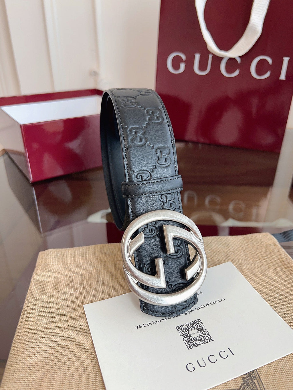 Gucci Supreme Belt Sliver Buckle 40mm Black Embossed Leather