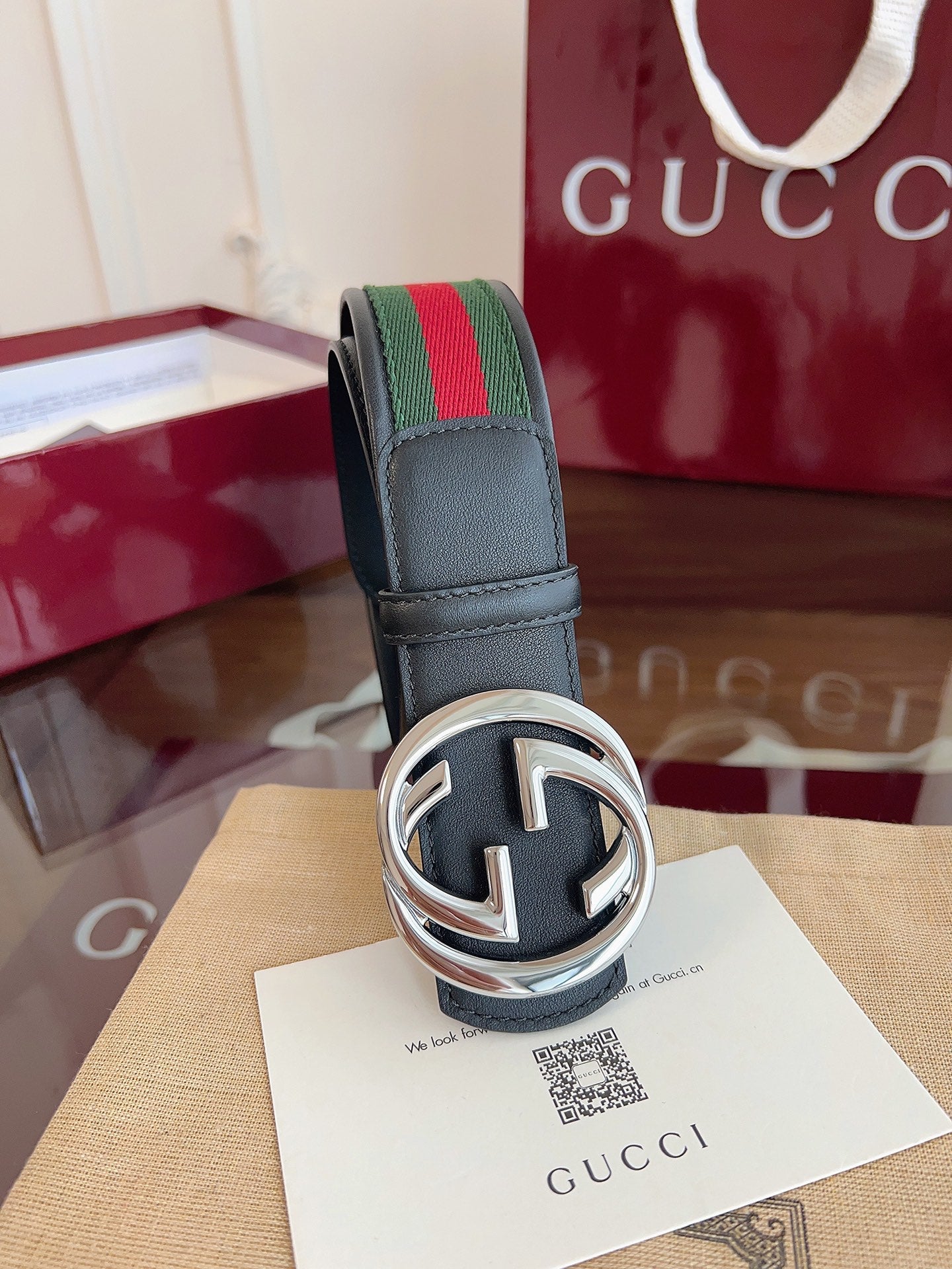 Gucci Supreme Belt Sliver Buckle 40mm Black Leather With Green Red Canvas