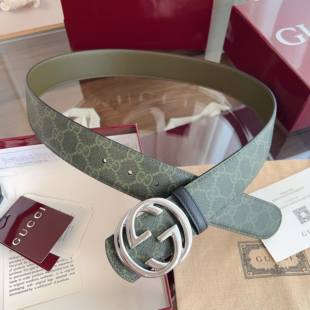 Gucci Supreme Belt Sliver Buckle 40mm Green Leather Canvas