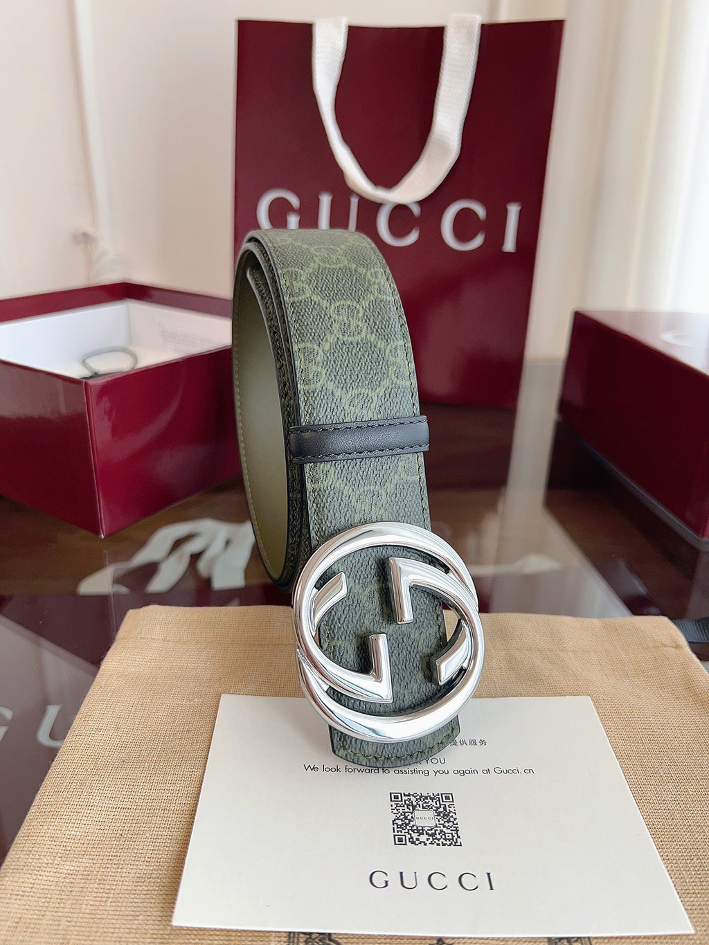 Gucci Supreme Belt Sliver Buckle 40mm Green Leather Canvas