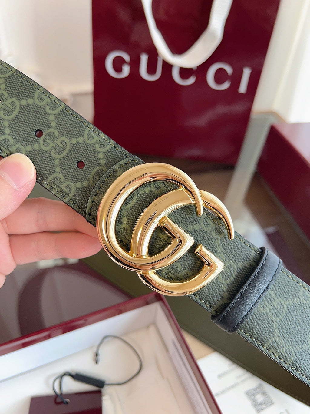 Gucci Belt Double G Gold Buckle 40mm Green Leather Canvas