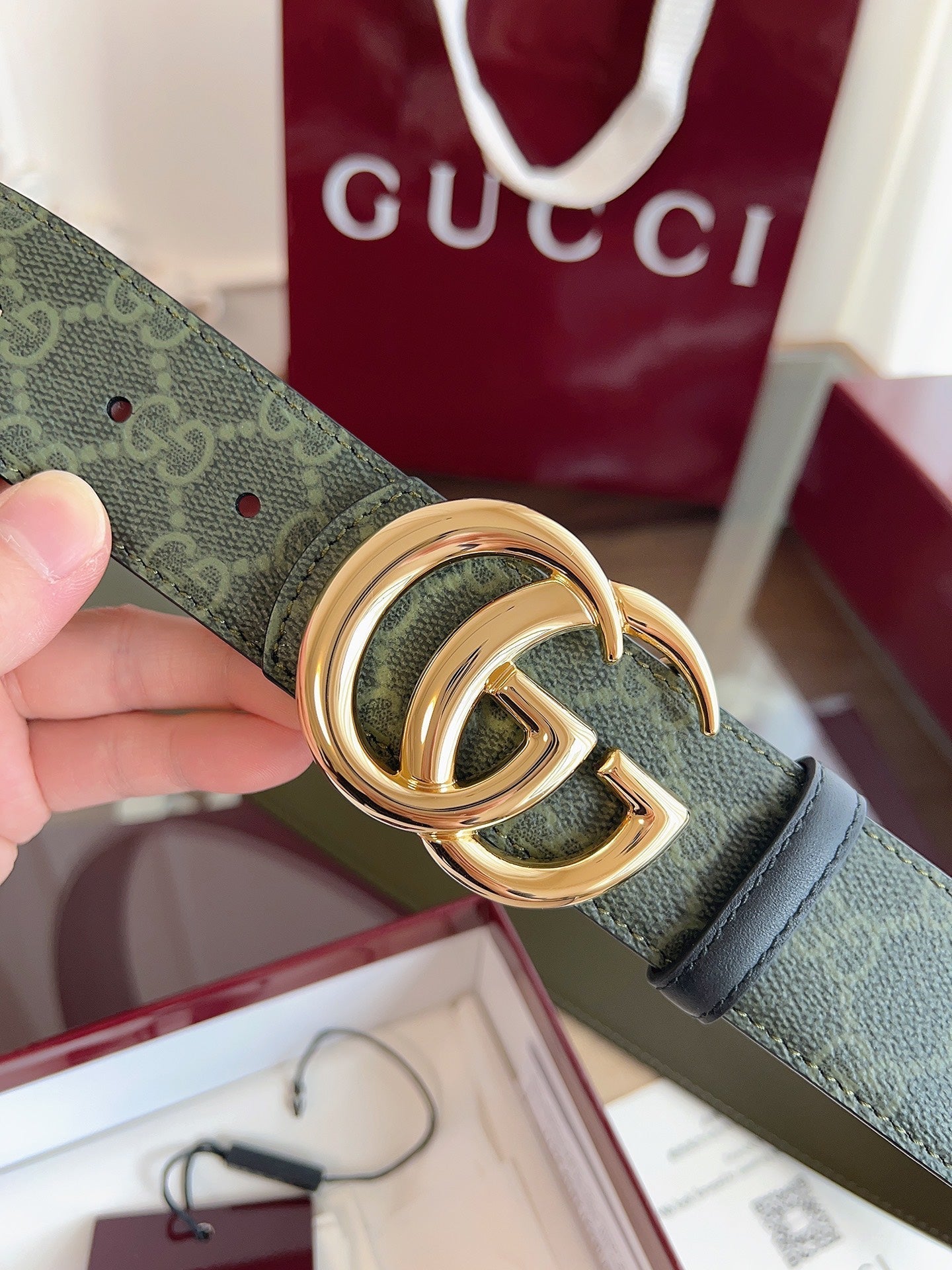 Gucci Belt Double G Gold Buckle 40mm Green Leather Canvas