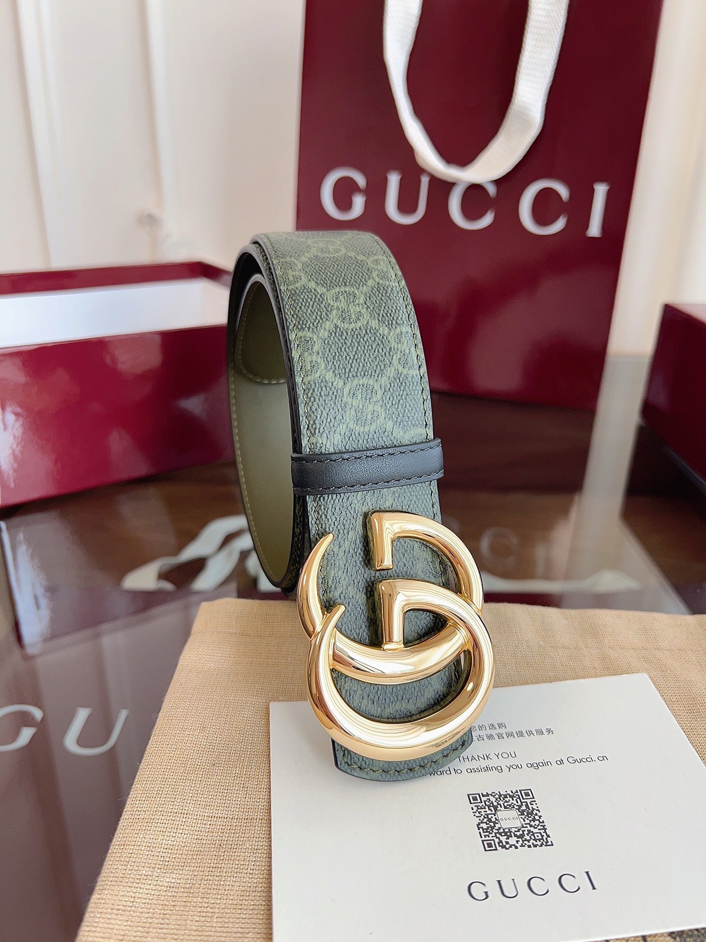 Gucci Belt Double G Gold Buckle 40mm Green Leather Canvas