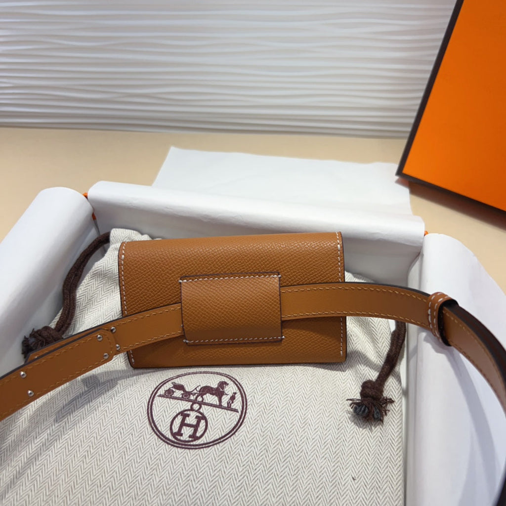 HM KELLY POCKET 18MM BELT CINNAMON BROWN LEATHER SILVER HARDWARE